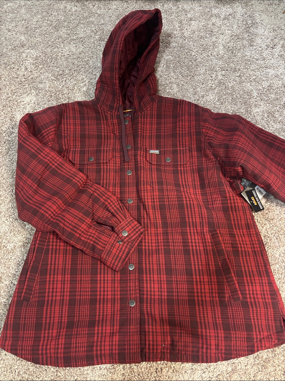 Ariat Work Women's Red Plaid Hooded Jacket - Shacket Flannel Cozy Fall Size XXL